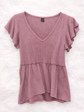 SHEIN Dusty Mauve V-Neck Ruffle Sleeve Peplum Tunic